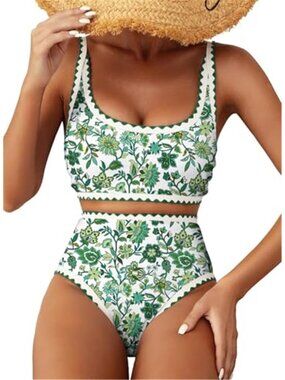 Floral High Waist Bikini Set Scoop Neck Padded Top Tummy Control 2 Piece Green